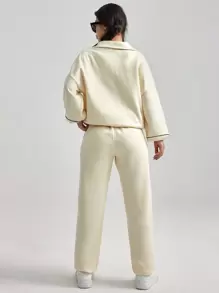 EURMUSE 2pcs Women's Colorblock Zip-Up Hoodie And Joggers Set - Beige - View 2