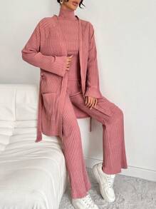 EURMUSE Dual Pocket Raglan Sleeve Belted Coat & Tee & Flare Leg Pants - Dusty Pink - View 1