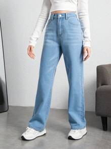 SHEIN 少女日常直腳牛仔褲 - 淺色水洗藍 - 查看 3