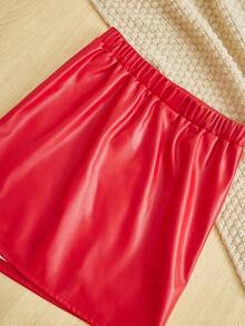 SHEIN Tween Girls' Asymmetrical Hem High Waist Skirt With Asymmetrical Design - Red - View 3