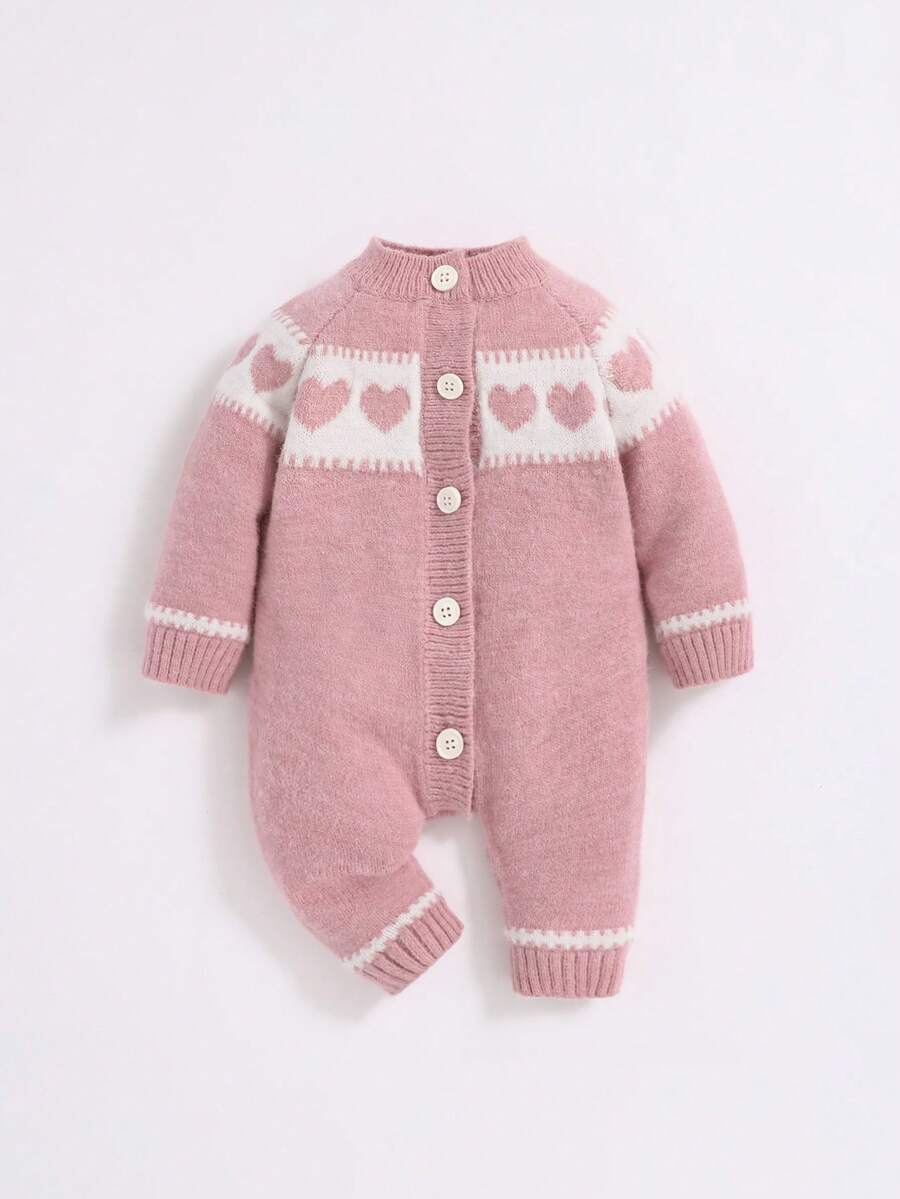SHEIN 嬰兒女孩休閒和可愛毛衣連身衣帶心形圖案,圓形翻領 - 粉色 - 查看 1
