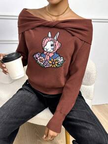 SHEIN Unity 卡通图案翻边扭结露肩针织套头衫秋冬毛衣 - 咖啡棕 - 查看 3