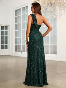 SHEIN Belle Asymmetrical Shoulder Design, Semi-Sexy, Beaded Women's Evening Gown - Dark Green - View 4