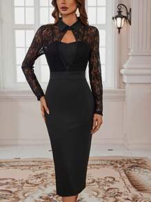SHEIN Clasi 蕾絲拼接前鏤空緊身洋裝 - 黑色 - 查看 3