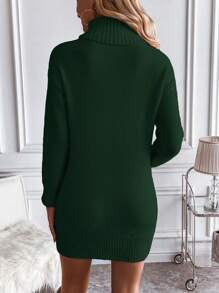 SHEIN Essnce Turtleneck Drop Shoulder Cable Knit Sweater Dress Without Belt - Dark Green - View 2