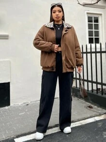 SHEIN EZwear Manteau matelassé à col borg imprimé léopard grande taille - Tabac - Voir 3
