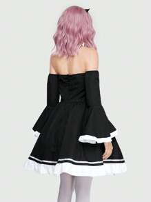 ROMWE Avant Off Shoulder Xù Hoa Sen Coa dây Thời trang thú vị - màu đen - Xem 4