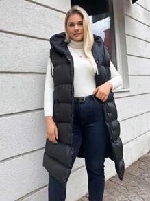 EURMUSE Plus Zip Up Hooded Puffer Vest Coat - Black - View 1