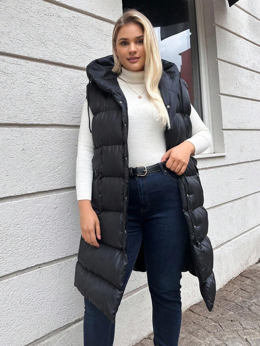 EURMUSE Plus Zip Up Hooded Puffer Vest Coat - Black - View 1