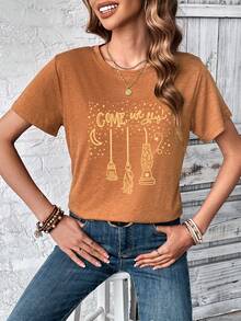 SHEIN EZwear 月亮&字母圖案T恤 - 棕色 - 查看 5