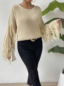 SHEIN LUNE 流苏边饰落肩罗纹针织套头衫秋冬毛衣 - 杏色 - 查看 1