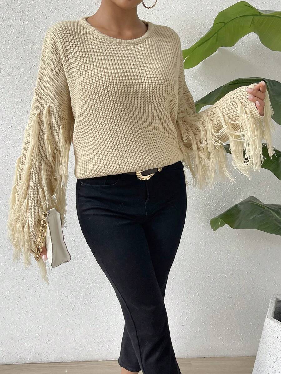 SHEIN LUNE 流苏边饰落肩罗纹针织套头衫秋冬毛衣 - 杏色 - 查看 1