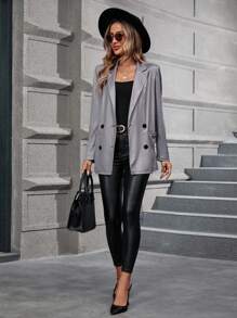SHEIN Clasi 雙口袋雙排釦西裝外套 - 銀色 - 查看 5