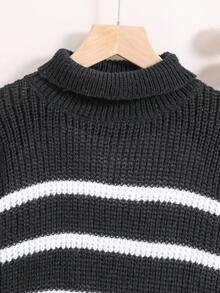 女大童條紋圖案高領落肩袖套頭毛衣 - 黑色 - 查看 3