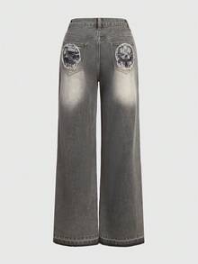 ROMWE Grunge Punk Denim mùa giặt Cat Whiskers quần ống rộng Quần denim - Màu xanh Bạc hà - Xem 2