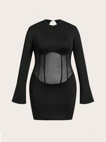 SHEIN ICON Plus Contrast Mesh Keyhole Back Bodycon Dress - Black - View 2