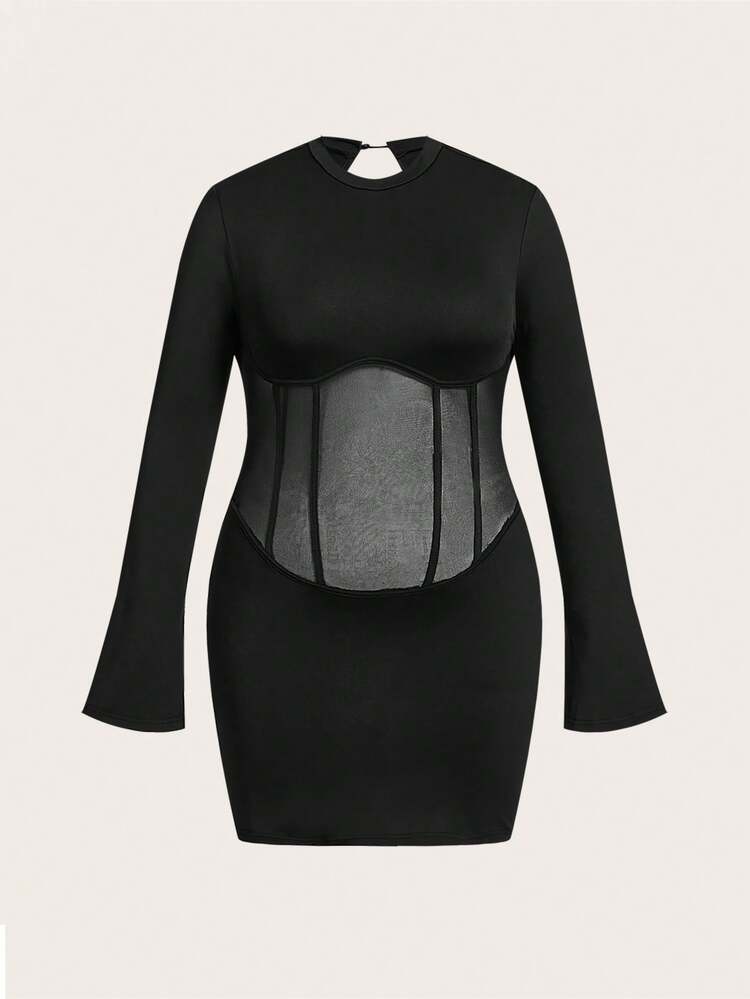 Plus Contrast Mesh Keyhole Back Bodycon Dress