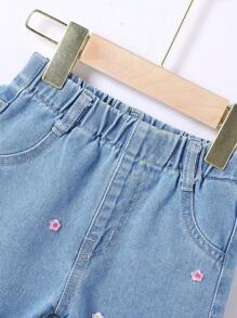 SHEIN Vacation Style Cute Casual Loose Colorful Floral Embroidered Baby Girls Blue Denim Flare Pants - Light Wash - View 3