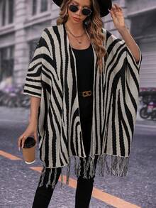 SHEIN Unity Mô hình sọc ngựa vằn tay cánh Fringe Hem Áo len Mở - Nhiều màu - Xem 3