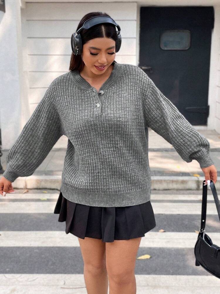 Plus Button Front Drop Shoulder Sweater Knit Pullover Fall Winter Sweater