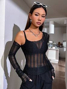 SHEIN Unity 不對稱領透視網紗上衣不附胸罩 - 黑色 - 查看 4