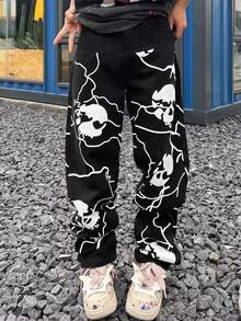 Manfinity EMRG Loose Fit Men's Skull Printed Straight Pants - Black - View 3