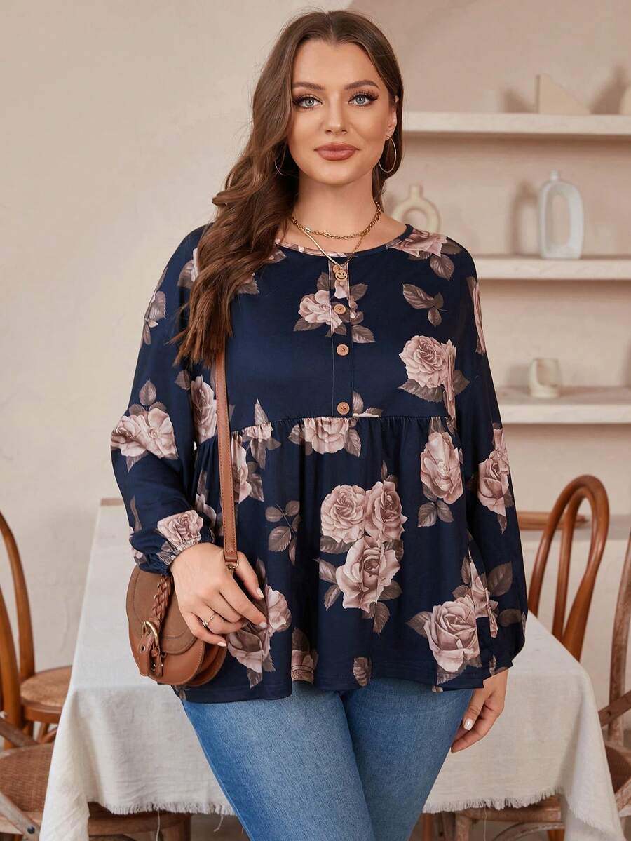 SHEIN LUNE Plus Size Floral Pattern Long Sleeve T-shirt - Multicolor - View 1