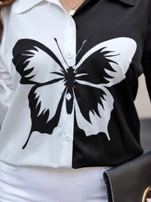 SHEIN LUNE Camisa De Bloques De Color Con Estampado De Mariposas De Talla Grande Para Mujer - Blanco y Negro - Ver 4