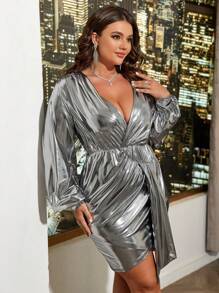 Allurite Plus Plunging Neck Lantern Sleeve Draped Front Metallic Bodycon Dress - Silver - View 4