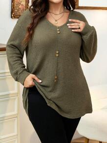 Calvaya Plus Button Front Drop Shoulder Tee - Army Green - View 3
