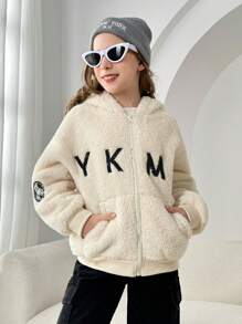 Tween Boy Letter & Bear Embroidery Drop Shoulder Hooded Flannel Jacket - Apricot - View 1