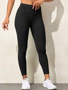 素色寬腰帶褶邊露背緊身打底褲 - 黑色 - 查看 4