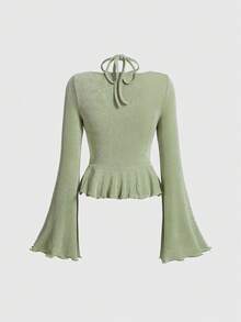 SHEIN MOD 前抽繩喇叭袖木耳邊前交叉後綁帶T恤 - 軍綠色 - 查看 2