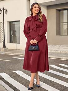SHEIN Privé Plus Tie Neck Lantern Sleeve Dress - Burgundy - View 3