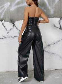 SHEIN EZwear PU Leather Tube Top & Wide Leg Pants - Black - View 2