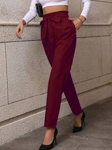 SHEIN Privé Nếp gấp cao eo Thắt lưng Quần - Màu Đỏ Sâu - Xem 3