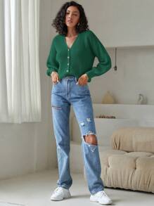 EURMUSE Drop Shoulder Button Front Cardigan - Green - View 5