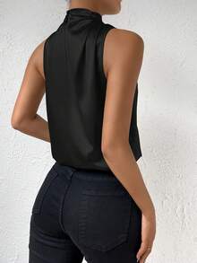 Solid Asymmetrical Shoulder Mock Neck Blouse - Black - View 2