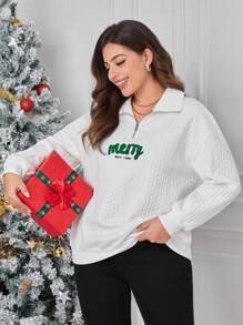 SHEIN Essnce Women's Plus Size Christmas Letter Pattern Half-Zip Sweatshirt Fall/Winter - White - View 1