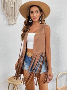 SHEIN VCAY Fringe Hem Open Front Vest Coat - Khaki - View 4