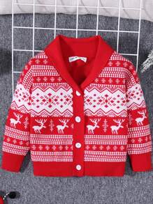 SHEIN 男小童聖誕麋鹿&幾何圖案青果領開襟衫 - 紅白色 - 查看 1