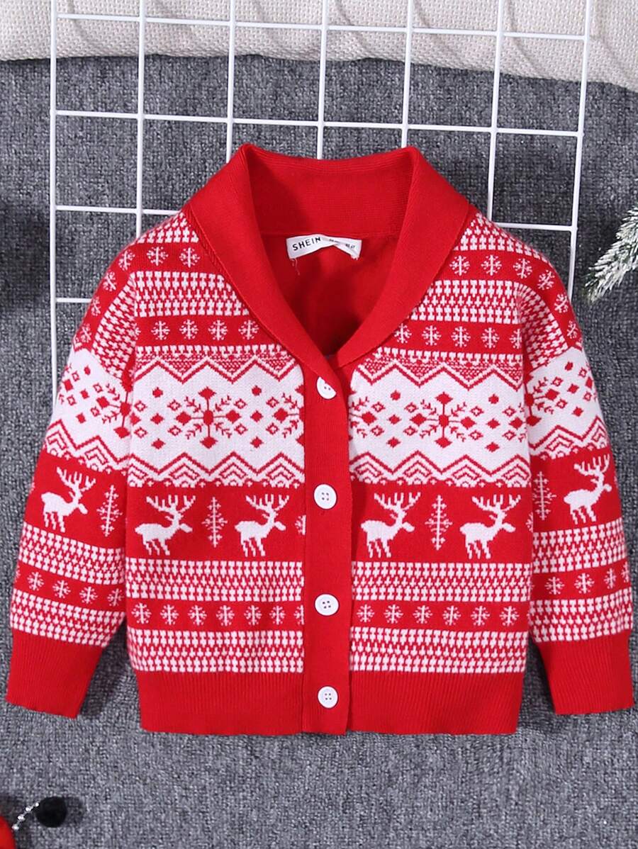 SHEIN 男小童聖誕麋鹿&幾何圖案青果領開襟衫 - 紅白色 - 查看 1