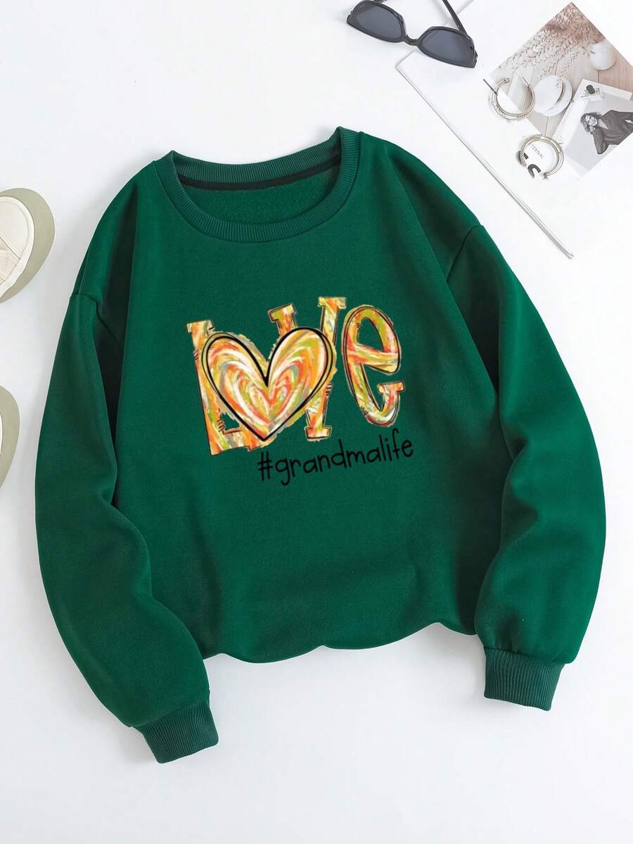 SHEIN EZwear Của phụ nữ Những trái tim & In Thả vai Áo nỉ - màu xanh lá - Xem 1