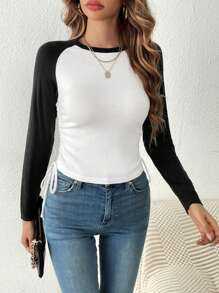 SHEIN LUNE Jersey de dos tonos de manga raglán con cordón lateral - Blanco y Negro - Ver 5