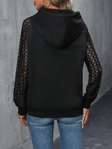 SHEIN LUNE Contrast Lace Raglan Sleeve Drawstring Hoodie - Grey - View 2