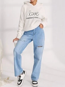 EURMUSE Slogan Embroidery Drop Shoulder Teddy Hoodie - White - View 4