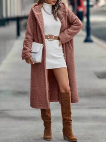 SHEIN LUNE 素色單釦連帽絨毛外套 - 藕粉色 - 查看 3