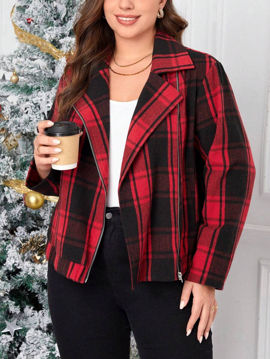 SHEIN Essnce Hơn In kẻ sọc Cổ áo Dây kéo Áo khoác moto - Đỏ - Xem 1