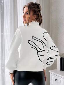 SHEIN Essnce Mẫu đồ họa Cổ giả Thả vai Áo len - Màu be - Xem 2