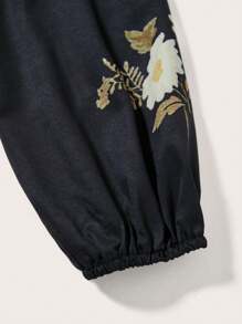 Sweetra Floral Print Tie Neck Lantern Sleeve Dress - Black - View 4